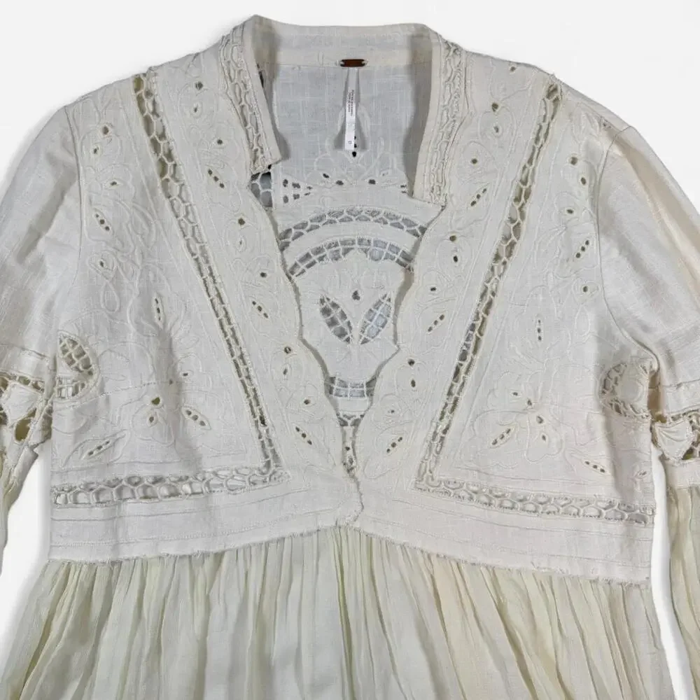 Free People Dreamland Dress Womens 10 Ivory Lace Boho Romantic Cottagecore - Picture 4 of 8